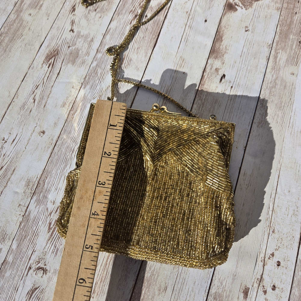 Vintage Gold Amber Beaded Evening Bag Clutch w/ Chain Strap Prom Wedding - Picture 5 of 12